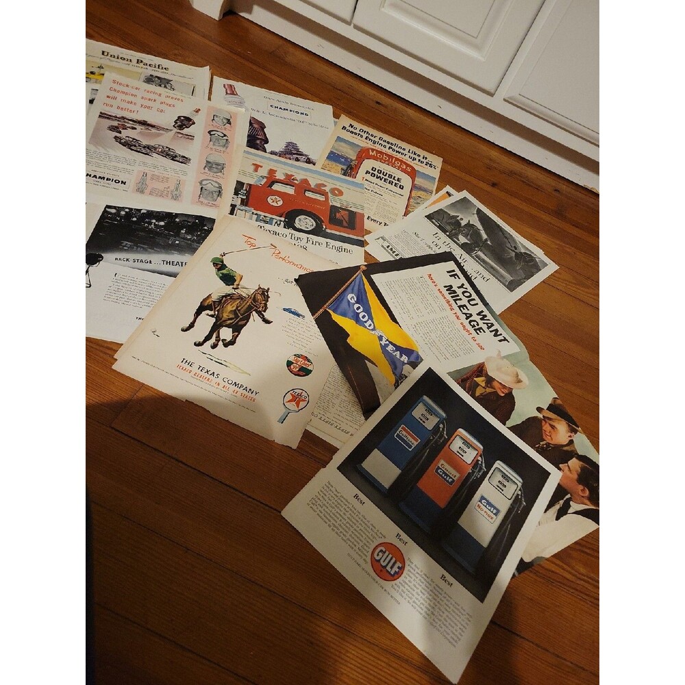 Lot 30+ Vintage Print Airline Oil Gas Car Parts Tire Ads-Texaco Gulf Goodyear ++